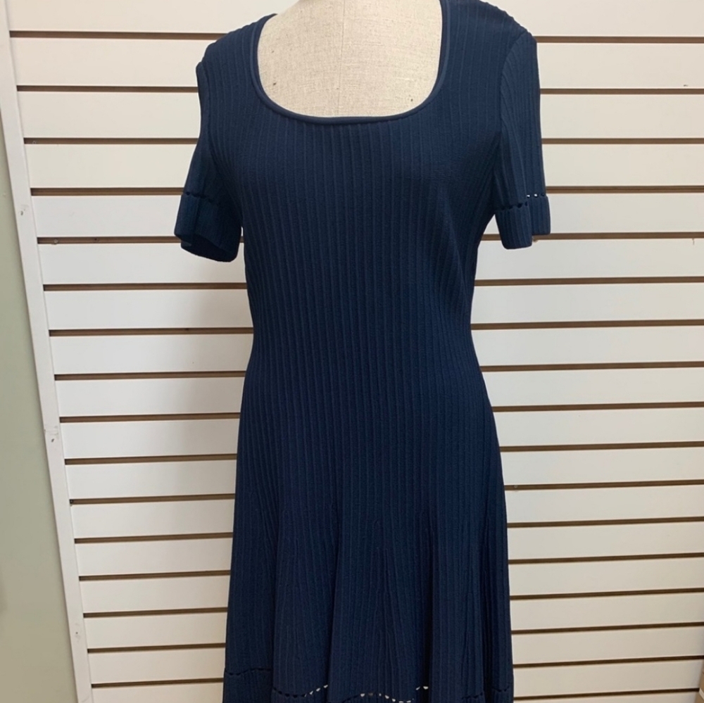 St. John Navy Ribbed Dress With Eyelet Bottom